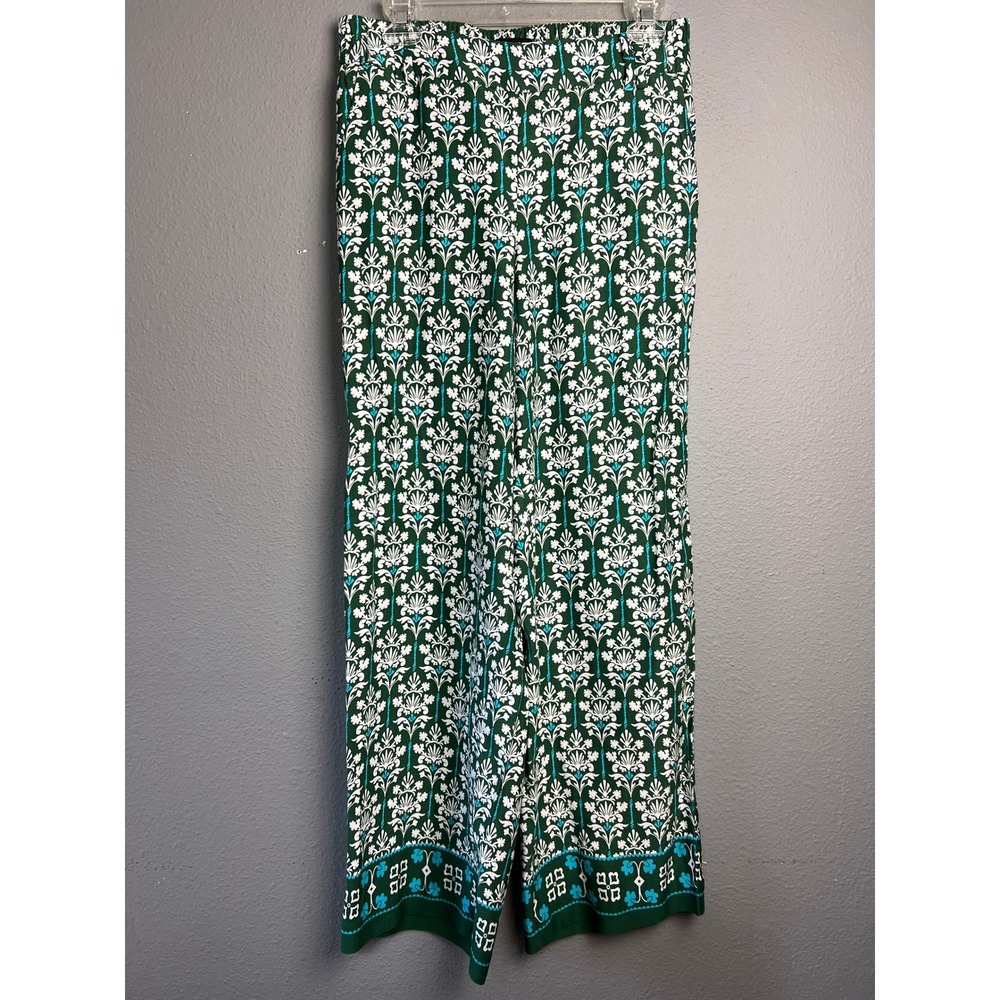 Talbots Sm Green White Floral Flowy Wide Leg Pants Elastic Waist Ecovero Viscose
